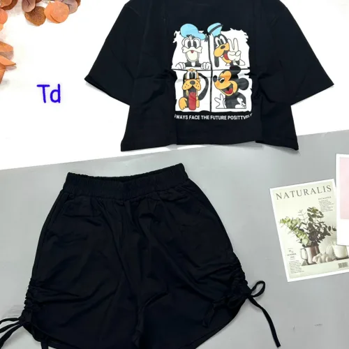 Đồ bộ quần đùi rút dây áo croptop cổ tròn in hình thú