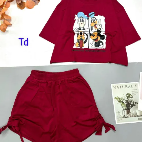 Đồ bộ quần đùi rút dây áo croptop cổ tròn in hình thú