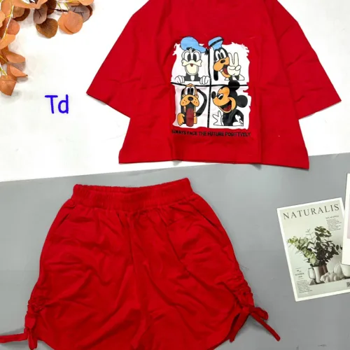 Đồ bộ quần đùi rút dây áo croptop cổ tròn in hình thú