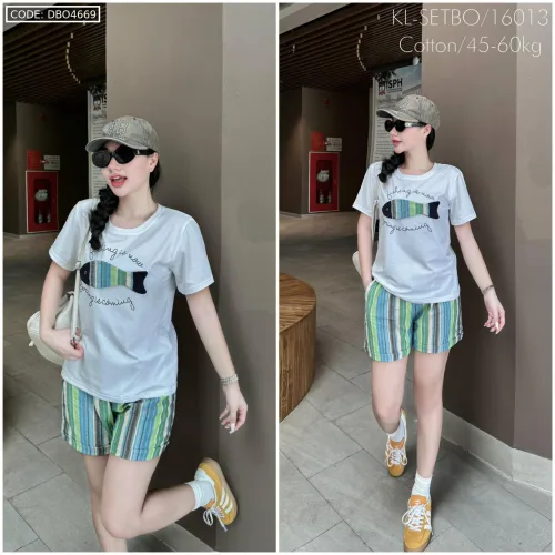 Đồ bộ quần đùi sọc  áo tay ngắn in hình con cá