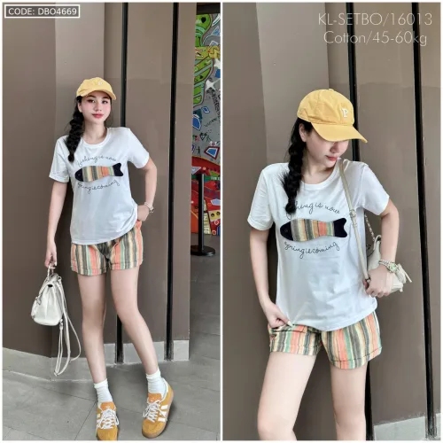 Đồ bộ quần đùi sọc  áo tay ngắn in hình con cá