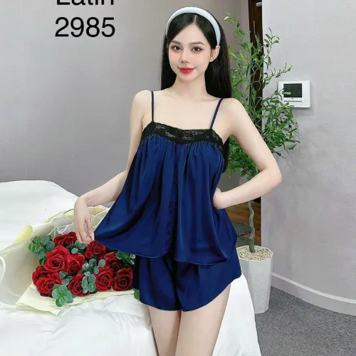Đồ bộ quần đùi trơn latin áo hai dây phối ren