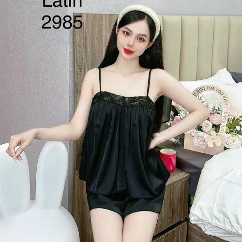 Đồ bộ quần đùi trơn latin áo hai dây phối ren
