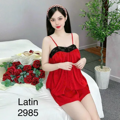 Đồ bộ quần đùi trơn latin áo hai dây phối ren