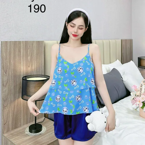 Đồ bộ quần đùi trơn latin áo hai dây tầng in hình dể thương