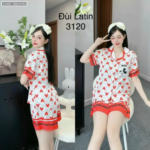 Đồ bộ quần đùi viền latin áo tay ngắn cổ bẻ in nhiều hình dễ thương