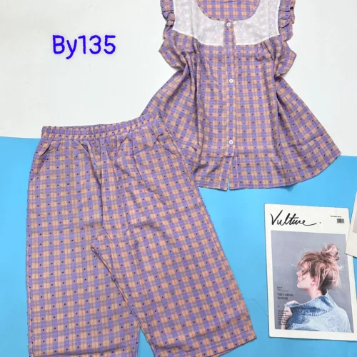 Đồ bộ quần lửng áo caro cotton phối ren tay ngắn