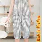 Đồ bộ quần lửng áo caro cotton phối ren tay ngắn