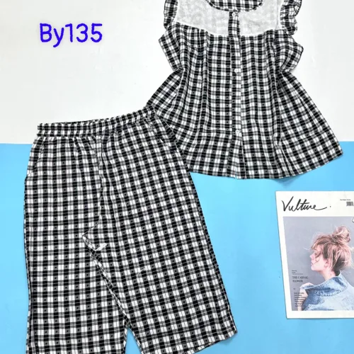 Đồ bộ quần lửng áo caro cotton phối ren tay ngắn