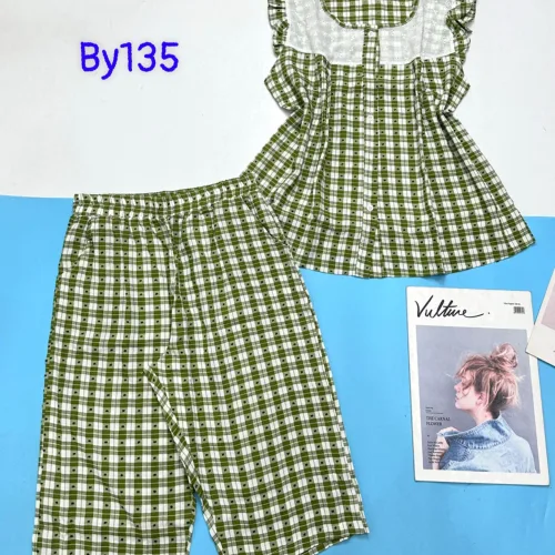 Đồ bộ quần lửng áo caro cotton phối ren tay ngắn