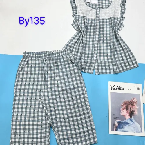 Đồ bộ quần lửng áo caro cotton phối ren tay ngắn