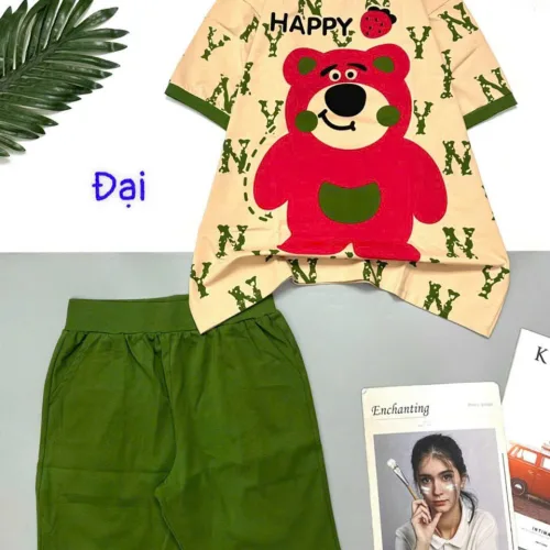 Đồ bộ quần lửng áo tay ngắn in gấu lớn Happy