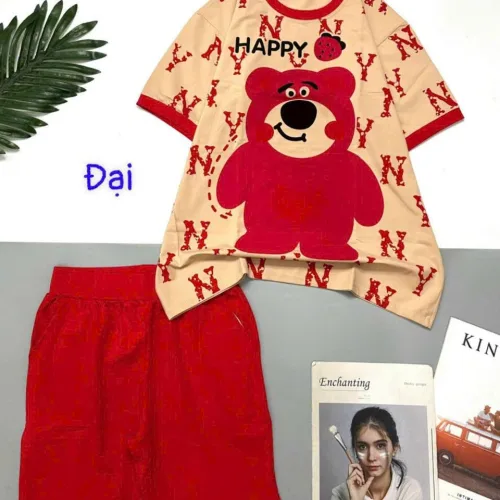 Đồ bộ quần lửng áo tay ngắn in gấu lớn Happy