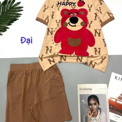 Đồ bộ quần lửng áo tay ngắn in gấu lớn Happy