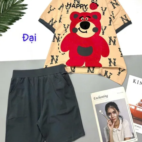 Đồ bộ quần lửng áo tay ngắn in gấu lớn Happy