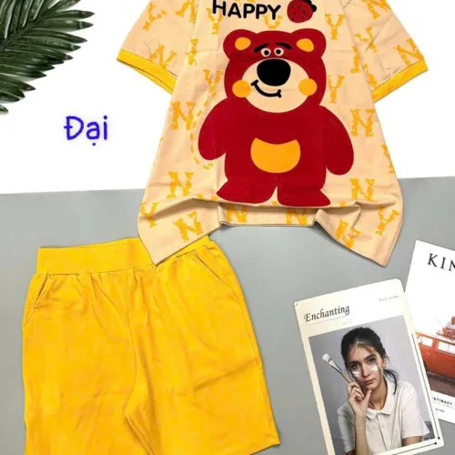 Đồ bộ quần lửng áo tay ngắn in gấu lớn Happy