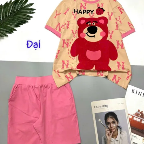 Đồ bộ quần lửng áo tay ngắn in gấu lớn Happy