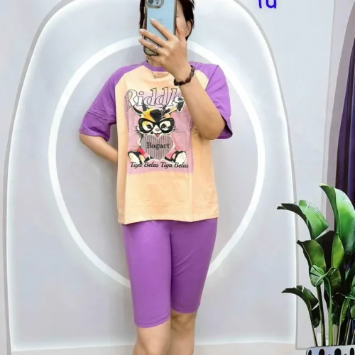 Đồ bộ quần lửng áo tay ngắn in hình thỏ ôm trái tim