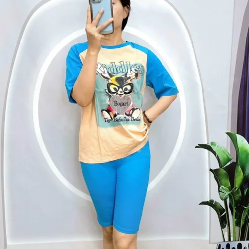 Đồ bộ quần lửng áo tay ngắn in hình thỏ ôm trái tim