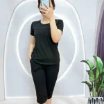 Đồ bộ quần lửng áo tay ngắn trơn in chữ nổi