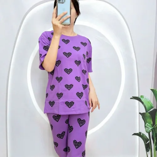 Đồ bộ quần lửng áo thun in hình nhiều trái tim