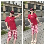 Đồ bộ quần lửng ca rô nhỏ áo thun in chữ Yes