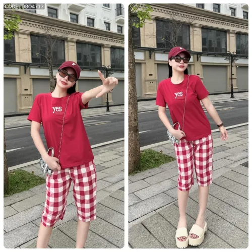 Đồ bộ quần lửng ca rô nhỏ áo thun in chữ Yes