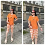 Đồ bộ quần lửng ca rô nhỏ áo thun in chữ Yes