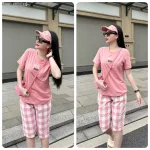 Đồ bộ quần lửng ca rô nhỏ áo thun in chữ Yes