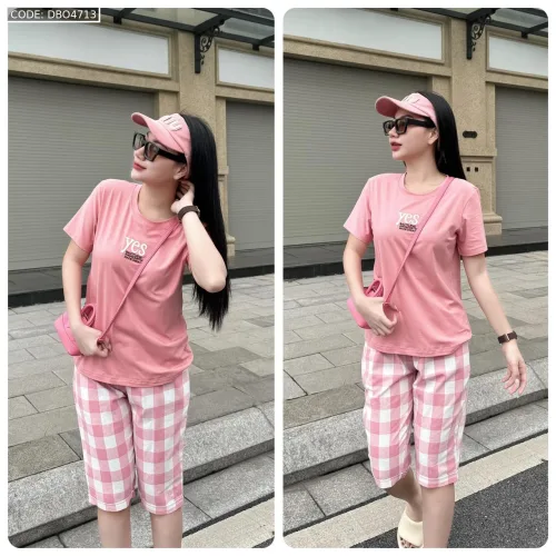 Đồ bộ quần lửng ca rô nhỏ áo thun in chữ Yes