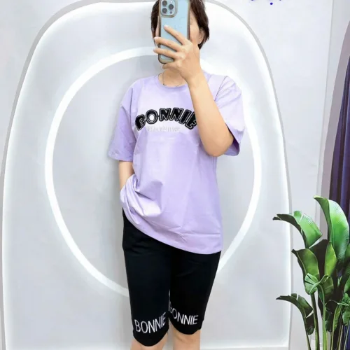 Đồ bộ quần lửng đen áo tay ngắn in chữ