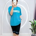 Đồ bộ quần lửng đen áo tay ngắn in chữ ống quần