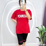 Đồ bộ quần lửng đen áo tay ngắn in chữ ống quần