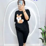 Đồ bộ quần lửng đen áo tay ngắn in hình chú thỏ