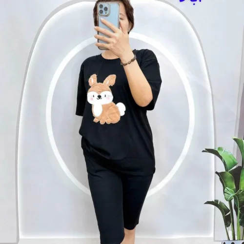 Đồ bộ quần lửng đen áo tay ngắn in hình chú thỏ