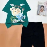 Đồ bộ quần lửng đen áo tay ngắn in hình thỏ mặc quần jean
