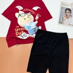 Đồ bộ quần lửng đen áo tay ngắn in hình thỏ mặc quần jean