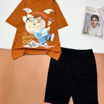 Đồ bộ quần lửng đen áo tay ngắn in hình thỏ mặc quần jean