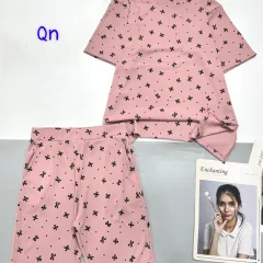 Đồ bộ quần lửng gân xẻ tà in nhiều nơ
