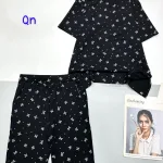 Đồ bộ quần lửng gân xẻ tà in nhiều nơ