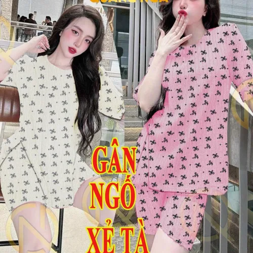 Đồ bộ quần lửng gân xẻ tà in nhiều nơ