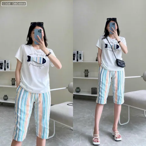 Đồ bộ quần lửng màu sọc áo tay ngắn in hình cá