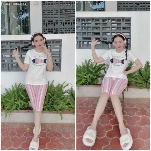 Đồ bộ quần lửng màu sọc áo tay ngắn in hình cá