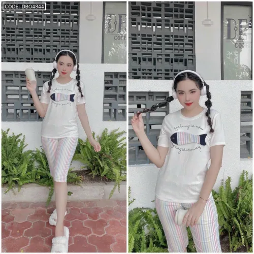 Đồ bộ quần lửng màu sọc áo tay ngắn in hình cá