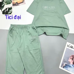 Đồ bộ quần lửng màu trơn áo tay ngắn in chữ GOOD GIRL
