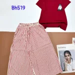 Đồ bộ quần lửng sọc áo tay ngắn in mèo mặt cười gấu
