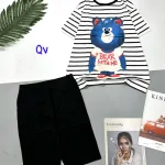 Đồ bộ quần lửng trơn áo tay ngắn sọc ngang in hình gấu