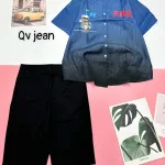 Đồ bộ quần ngố đen áo sơ mi tay ngắn cổ bẻ in hình gấu