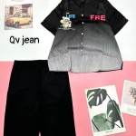 Đồ bộ quần ngố đen áo sơ mi tay ngắn cổ bẻ in hình gấu
