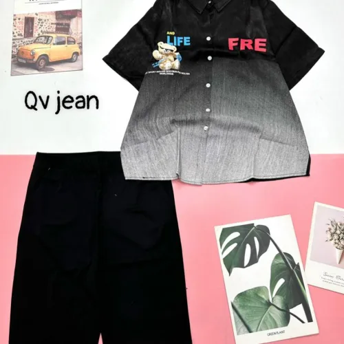 Đồ bộ quần ngố đen áo sơ mi tay ngắn cổ bẻ in hình gấu